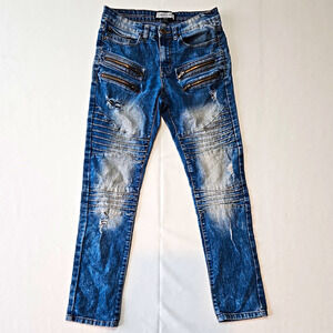 White Tag Men’s Blue Medium Wash Distressed Biker Skinny Slim Fit Jeans 29x30